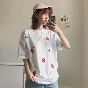 可愛いイチゴ刺繍 半袖 Tシャツ カットソー