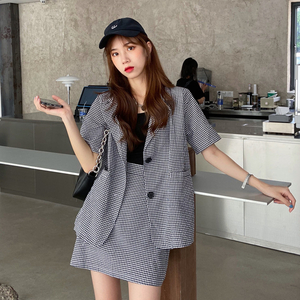 韓国ファッションギンガムチェックジャケットセットアップ 