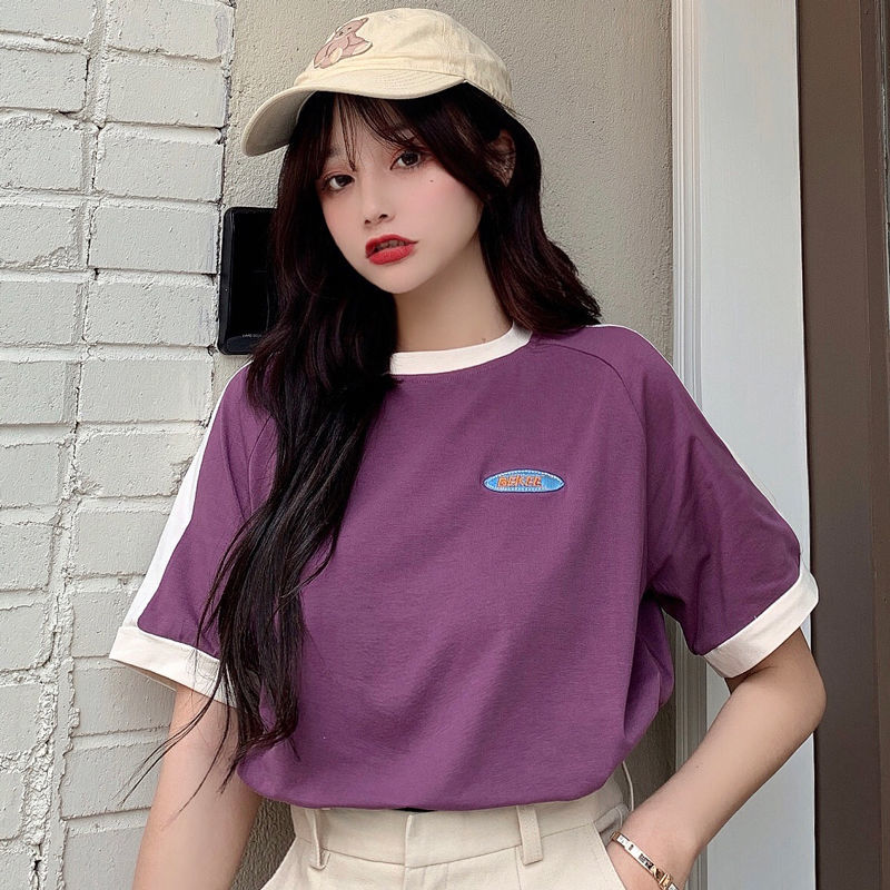 韓国ファッション可愛い  ワンポイント付きリンガトップス短袖Tシャツ 