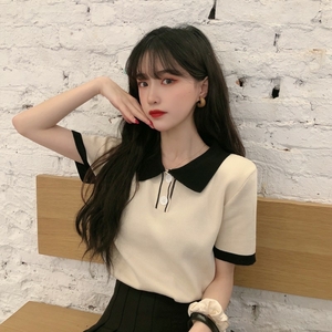 配色半袖ニットポロシャツ  韓国ファッション