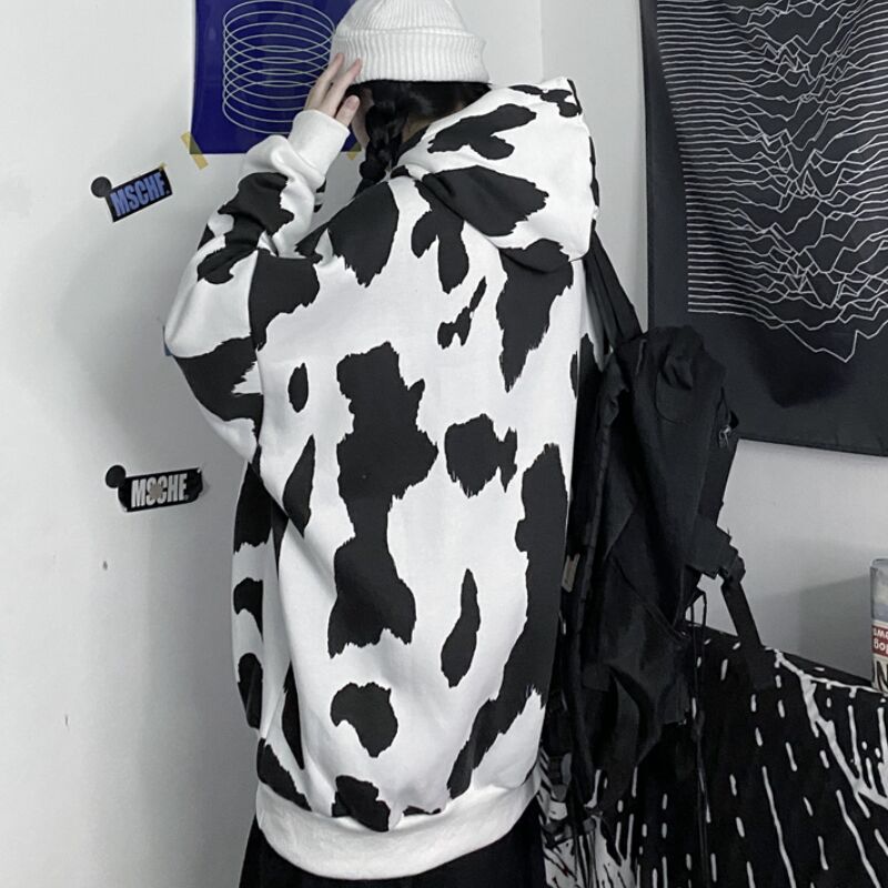 原宿系ファッション牛柄ビッグパーカーフード付き パーカー フーディー トップス