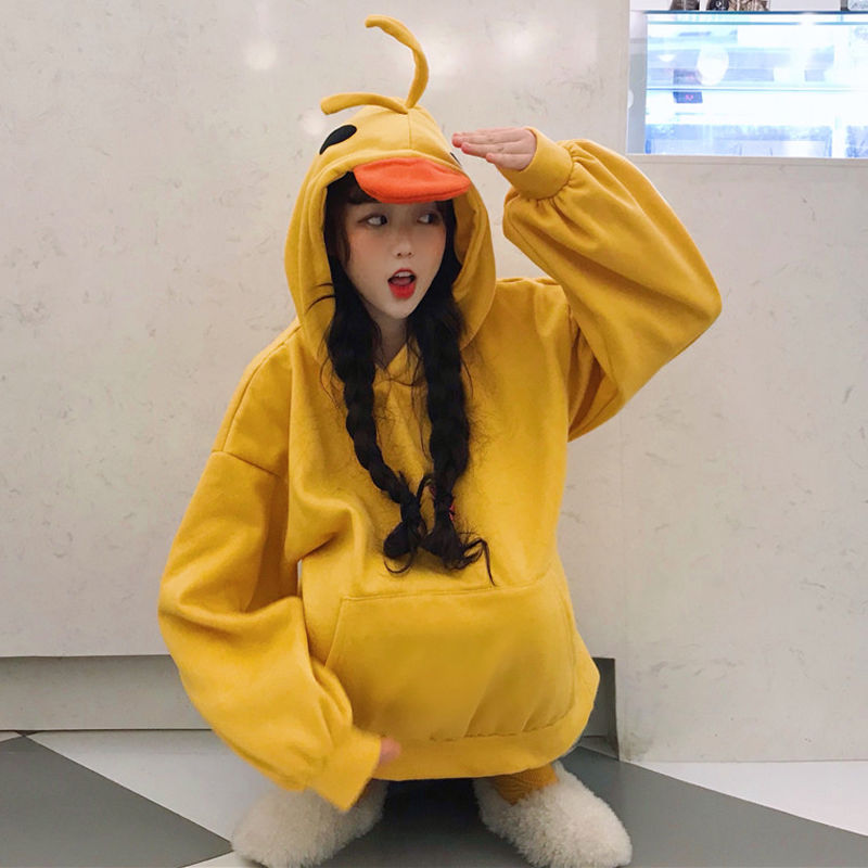 韓国ファッション秋冬かわいいパーカー黄色いアヒルデザイン学生